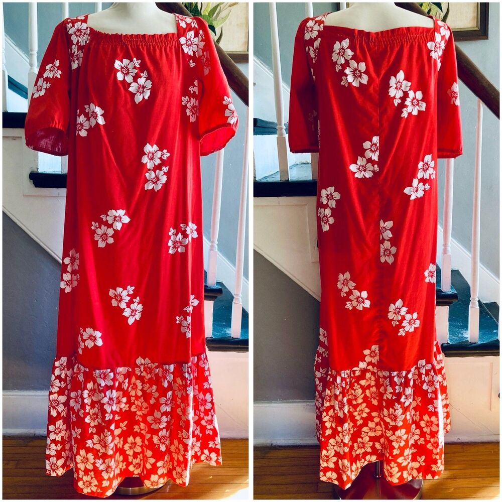1970s 1980s Red White Hawaiian Muumuu Caftan Maxi Dress Hippie Tropical Vacation